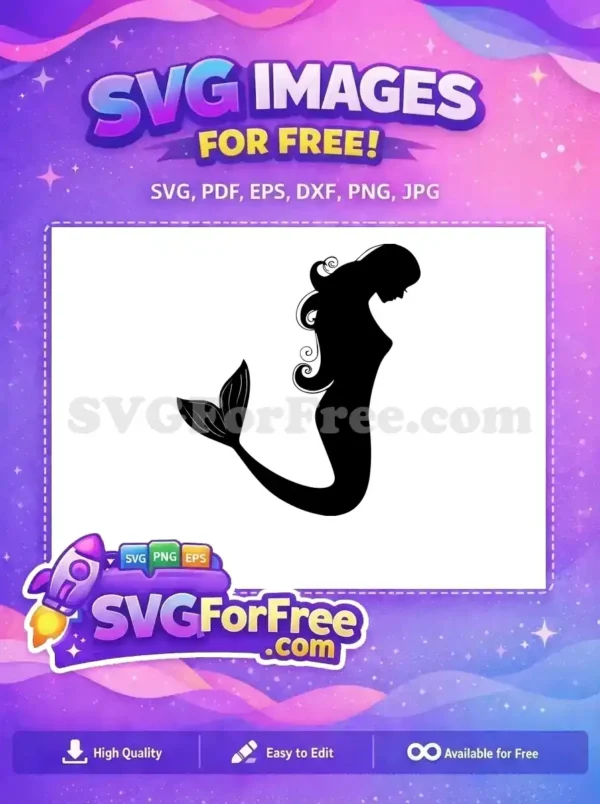 A graceful free mermaid silhouette, depicted in elegant black against white. This free design is ideal for various creative projects.