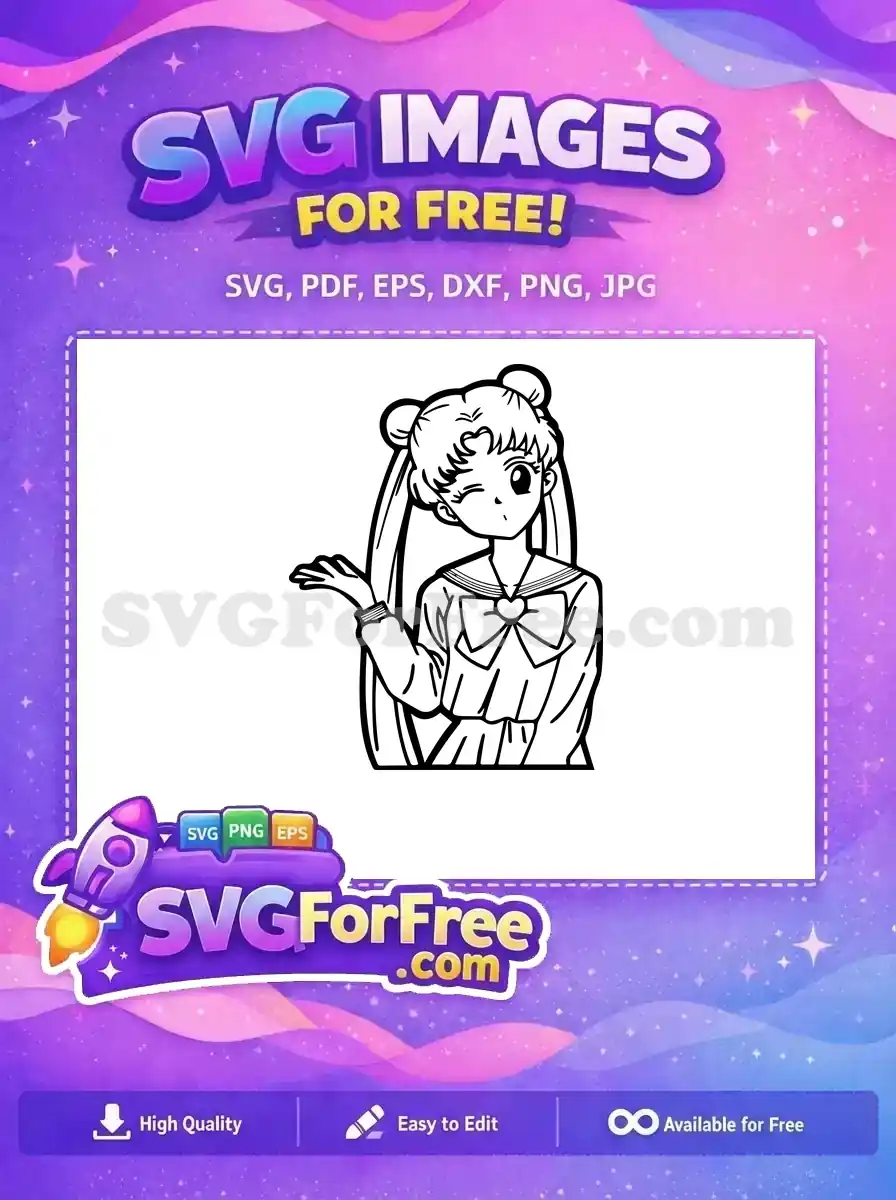 Free anime girl SVG featuring a winking character in a sailor uniform with iconic hair buns. An amazing free vector for all your crafting needs.