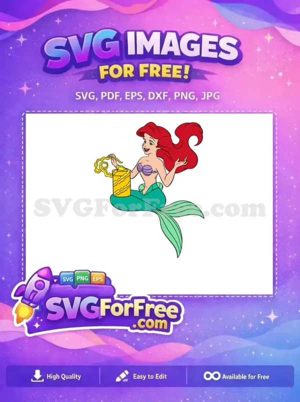 Free Ariel mermaid vector art, joyfully holding a golden lantern. This vibrant free design is ideal for various creative projects.