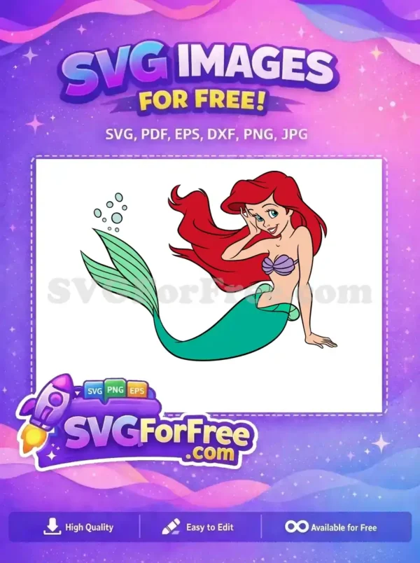 A vibrant free design showcasing a smiling red-haired mermaid in a purple shell bra and green tail, ideal for free SVG projects.