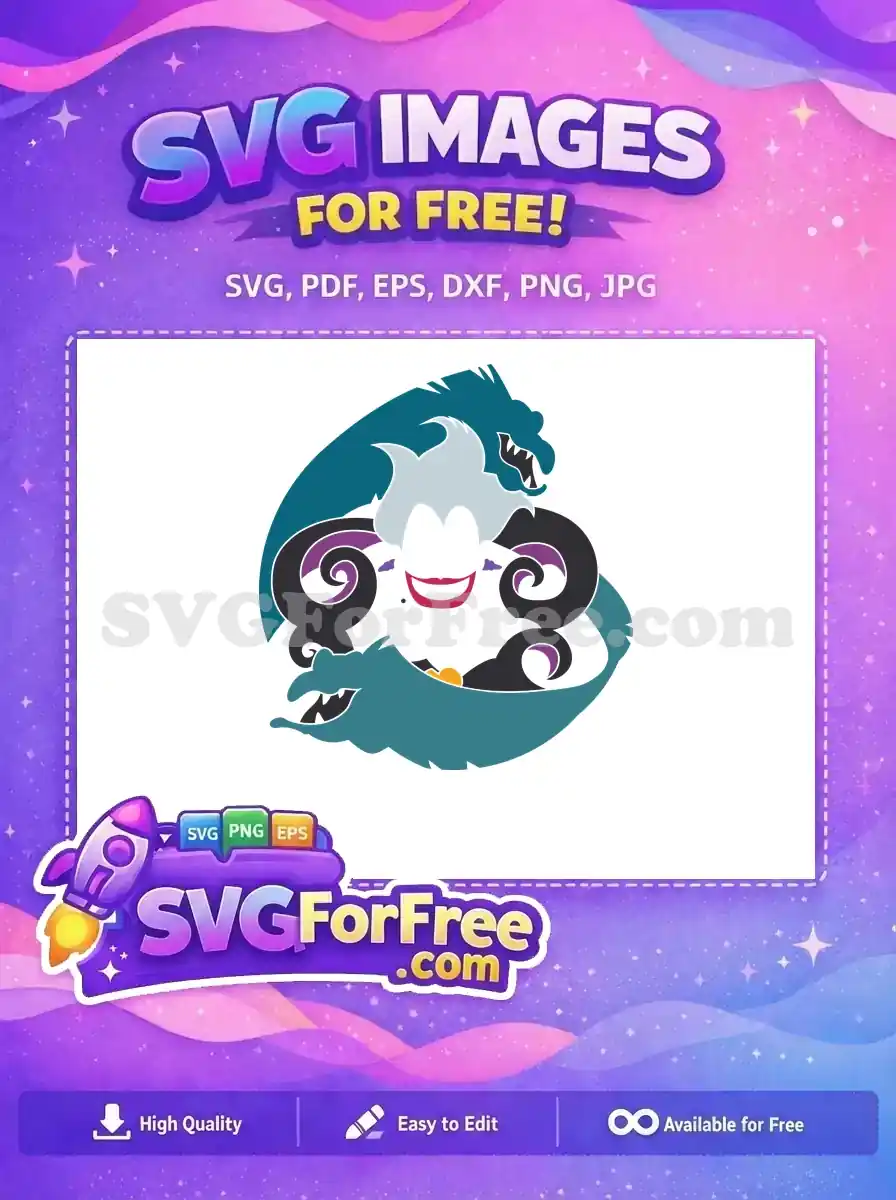 A free design featuring Ursula with Flotsam and Jetsam, stylized in a circular, minimalist vector art style. This free product offers iconic villainy.