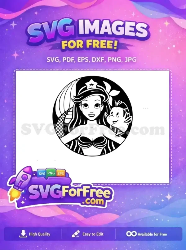 A whimsical free design featuring a mermaid princess with a star crown and her smiling fish companion, all within a circular frame, available free.