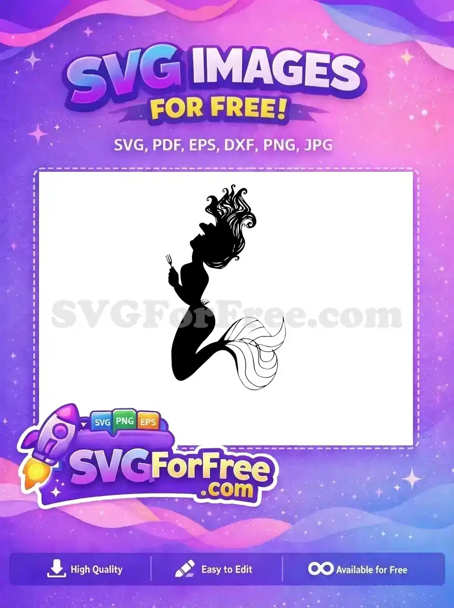 A captivating free SVG silhouette of a mermaid with wild hair, holding a fork, looking up excitedly. Perfect for creative projects.