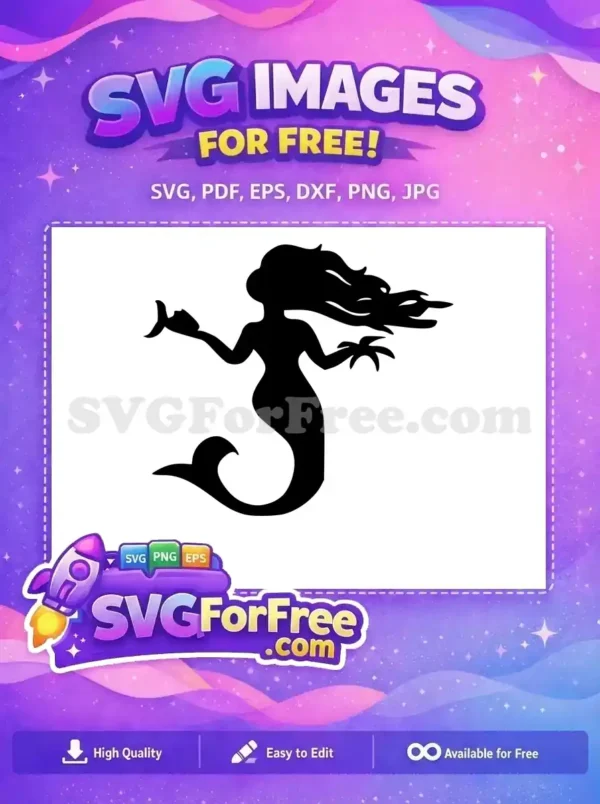 A stunning free mermaid silhouette with flowing hair and a graceful tail, holding a small fish. Ideal for diverse free craft projects.