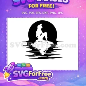 A captivating free SVG silhouette of a mermaid sitting on a rock against a full moon, with water reflection. Perfect free art.