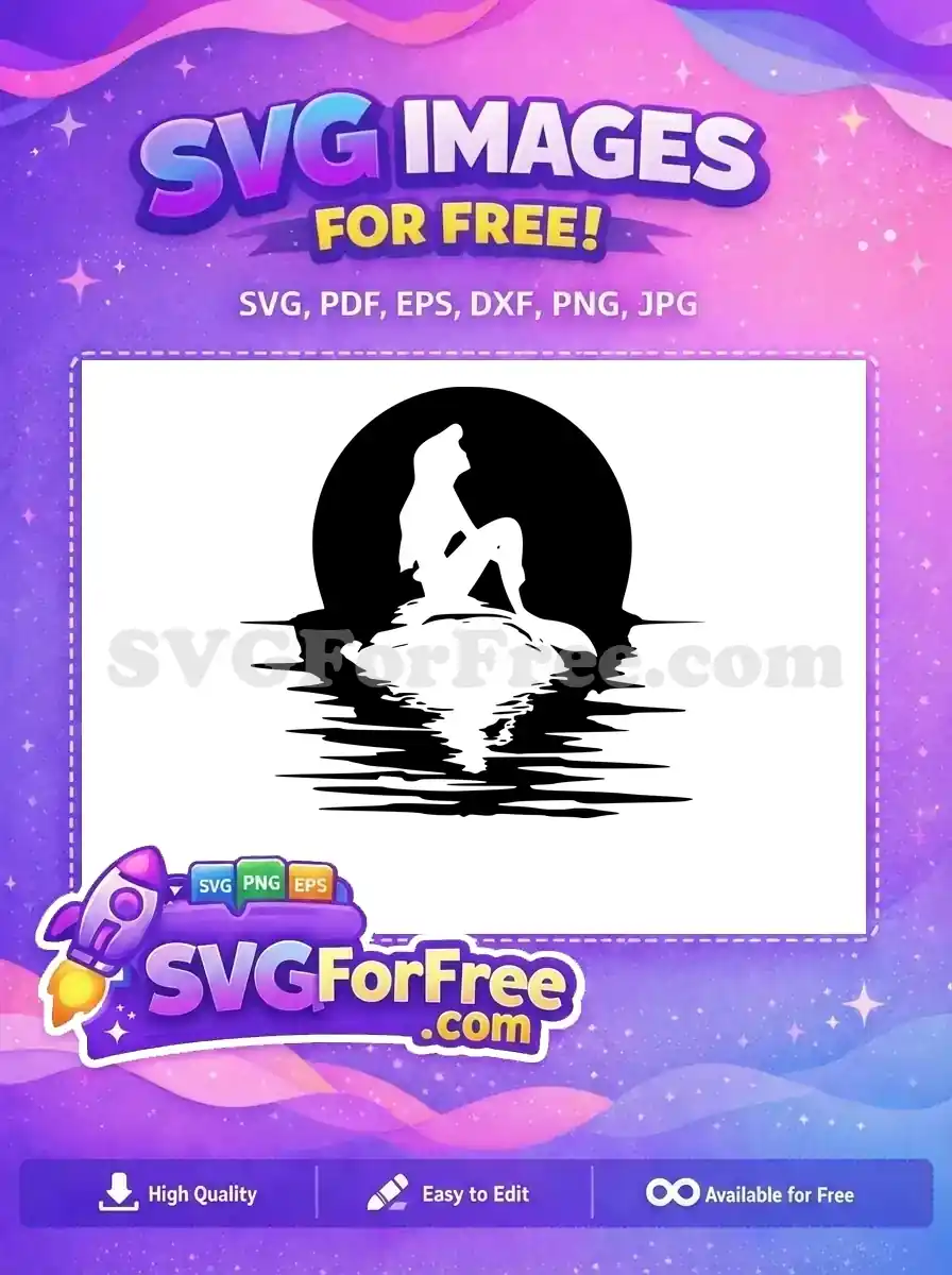 A captivating free SVG silhouette of a mermaid sitting on a rock against a full moon, with water reflection. Perfect free art.