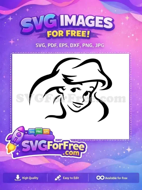 Free Ariel-inspired face SVG for crafts, featuring flowing hair. A beautiful, free princess design for all your projects.