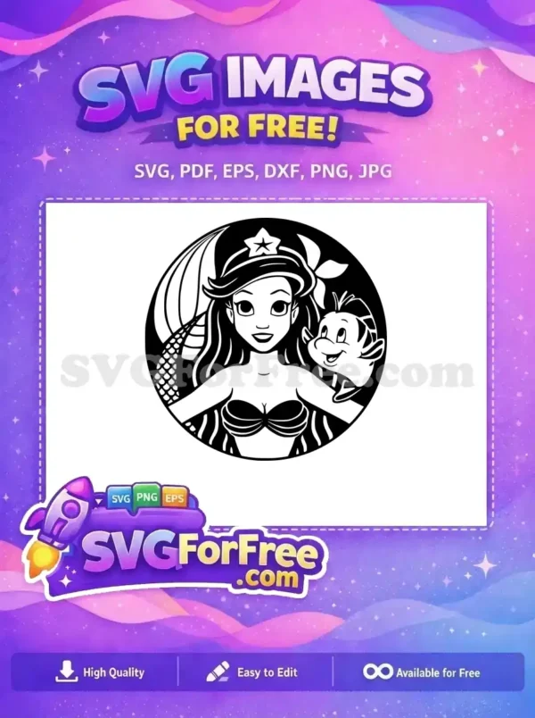 A captivating free black and white SVG of Ariel and Flounder in a circular frame, perfect for free crafting projects. This free design brings beloved mermaid tales to life, offering endless creative possibilities.