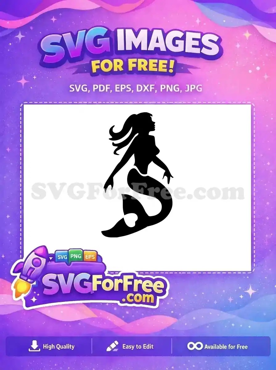 A free, elegant black mermaid silhouette with flowing hair and a graceful tail, perfect for oceanic crafts.