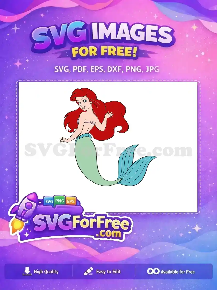 A vibrant free SVG of Ariel the mermaid, smiling with red hair and green tail, ideal for fantasy projects.