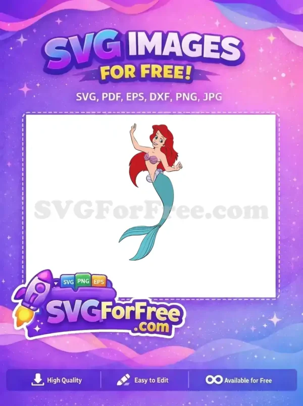 A vibrant, free design of Ariel, the Little Mermaid, smiling and waving. Ideal for enchanting crafts and projects.