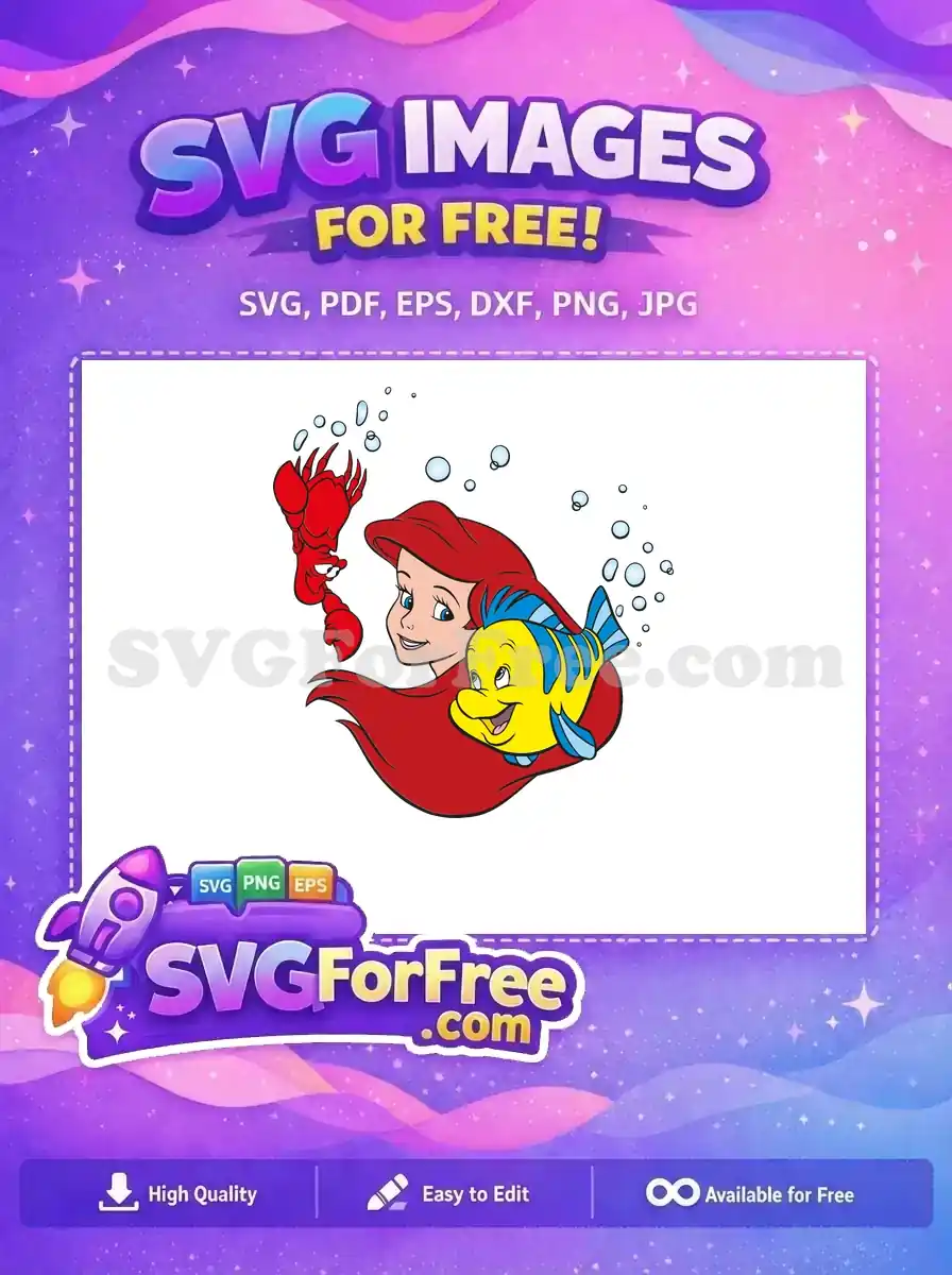 A free design showing Ariel, Flounder, and Sebastian underwater amidst bubbles, perfect for any fun project.