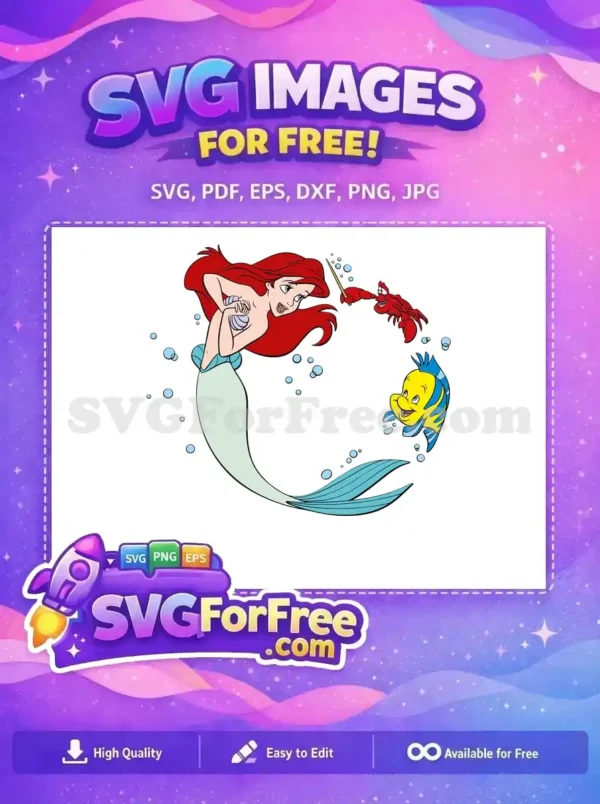 A vibrant free design showcasing Ariel, Flounder, and Sebastian underwater, surrounded by playful bubbles.