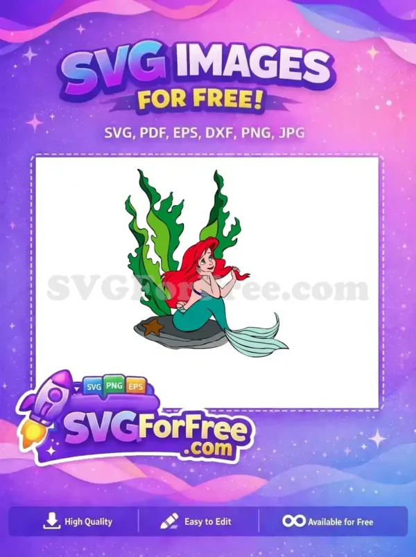 Free whimsical mermaid SVG design, Ariel-inspired, sitting on a rock with seaweed. Perfect for craft projects.
