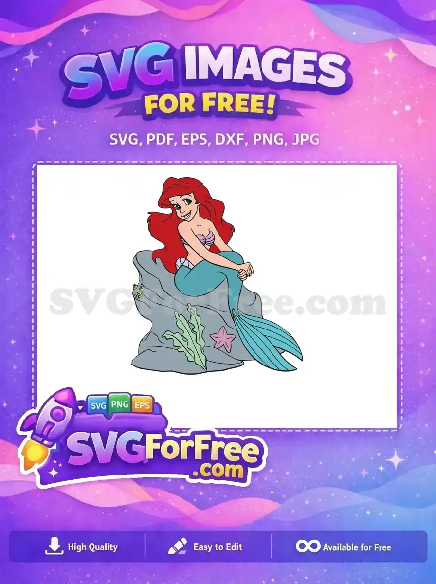 Free Ariel mermaid design, sitting gracefully on a rock with a teal tail and red hair. A lovely free vector.