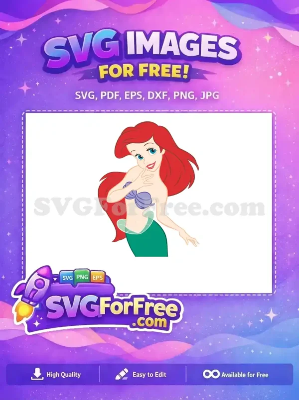 A vibrant free SVG of Ariel, the Little Mermaid, in a playful pose with red hair and green tail. A charming free design for all.