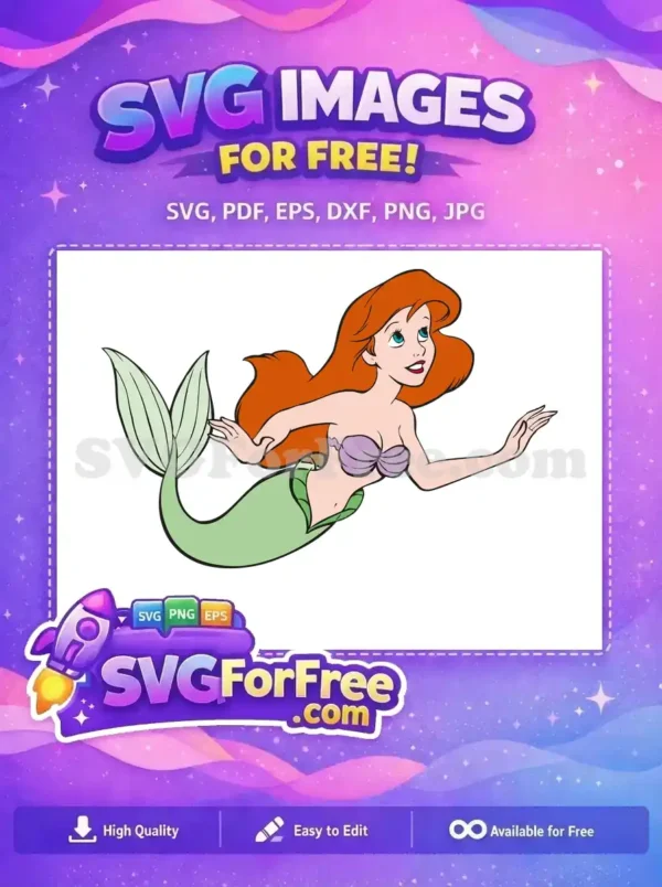 Graceful free mermaid SVG, featuring a red-haired character with a vibrant green tail and purple top. Ideal free vector art.