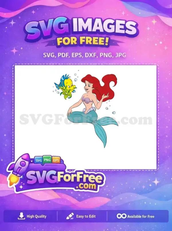 Enjoy this free design featuring Ariel the mermaid with her friend Flounder, perfect for various creative projects.