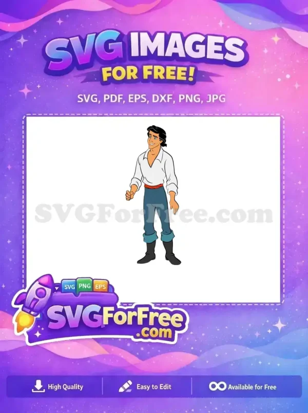 A free full-body Prince Eric SVG design, smiling confidently in his iconic white shirt and blue pants. Perfect for fans.