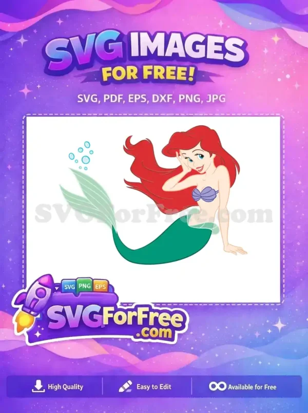 This free design features a charming red-haired mermaid, Ariel, with a shimmering green tail and blue bubbles. Ideal for all your crafting needs.