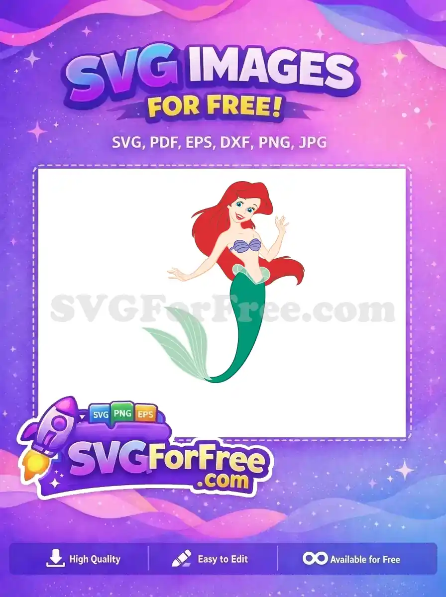 A vibrant free SVG of Disney's Ariel, the Little Mermaid, smiling with red hair and a green tail. A fantastic free design for all your crafting needs.