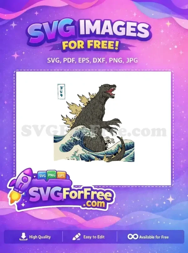 Experience this free design: Godzilla in the style of Hokusai's Great Wave, with Japanese text, a truly iconic blend.