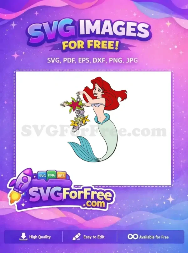 Free Ariel mermaid SVG image, showing her with flowing red hair, holding a net filled with undersea treasures.