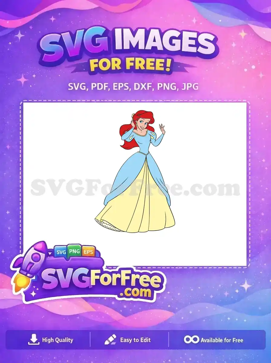A free SVG of Ariel from The Little Mermaid in a light blue and yellow ball gown, posing gracefully with red hair, ready for your projects.