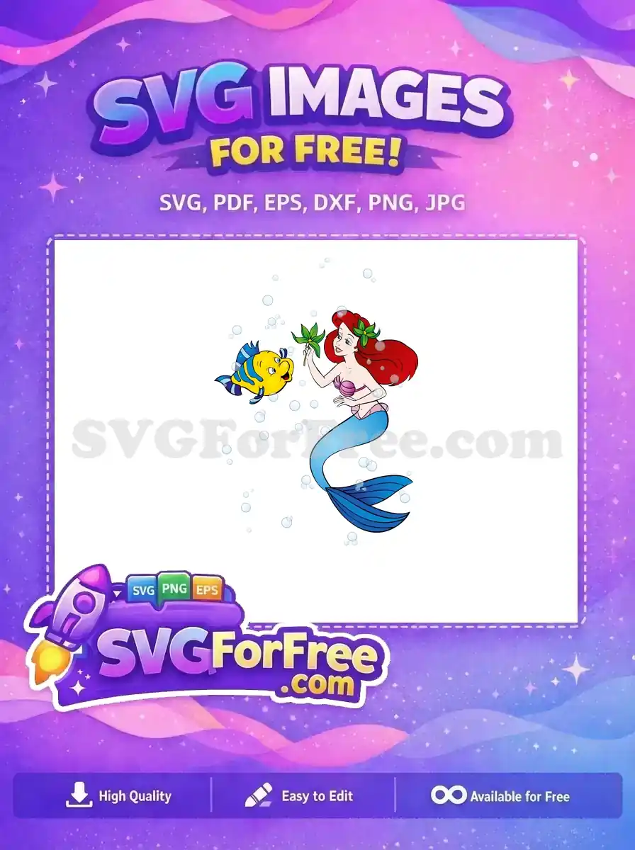 Free Ariel and Flounder SVG design, showcasing the mermaid princess with her fish friend amidst bubbles. A delightful free underwater scene.
