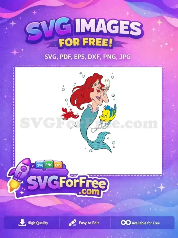 A free SVG design showing Ariel applying lipstick with Sebastian and Flounder. A delightful undersea moment for free!