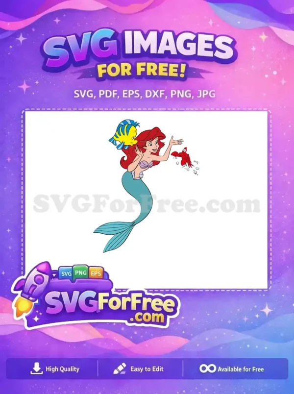 A free design showing Ariel, Flounder, and Sebastian happily interacting. This vibrant free SVG captures their iconic friendship under the sea.