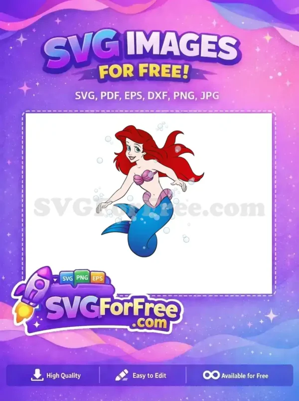 A vibrant free SVG of a cheerful mermaid, Ariel-inspired, with flowing red hair and blue tail, surrounded by bubbles, ready for your creative projects.