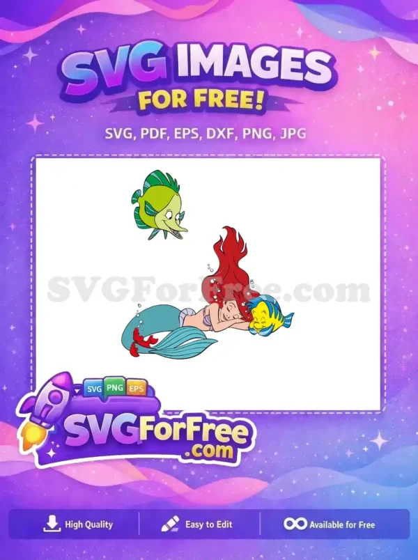 Free SVG of Ariel sleeping peacefully with Flounder, Sebastian, and a green fish. A charming underwater scene for your creative projects.