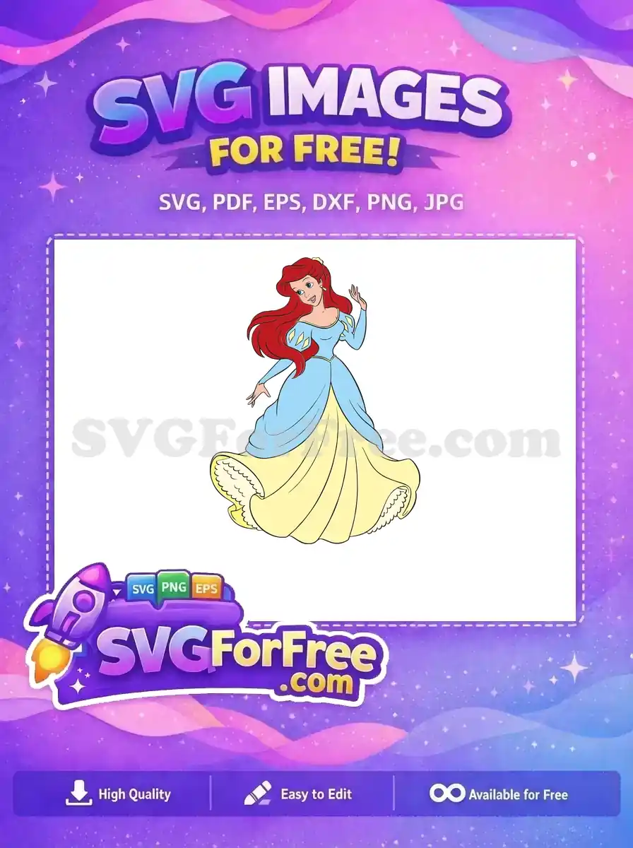 A delightful free SVG of a smiling princess with flowing red hair in an elegant blue and yellow ball gown, waving gracefully.