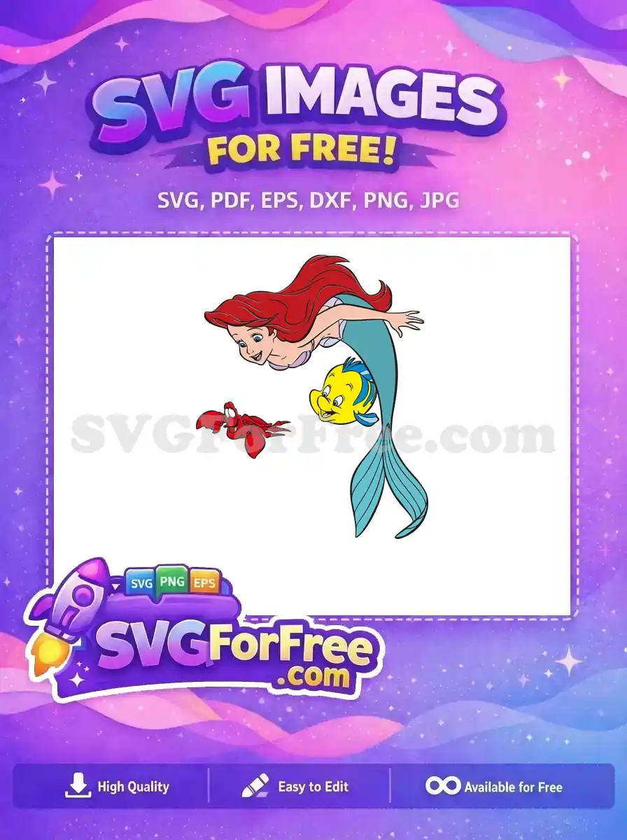 Free design featuring Ariel, Flounder, and Sebastian from The Little Mermaid swimming joyfully together.