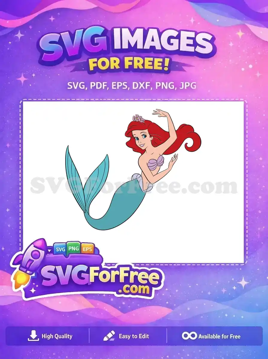 Graceful free mermaid princess SVG, Ariel-inspired, with vibrant red hair and a teal tail, perfect for free crafting.