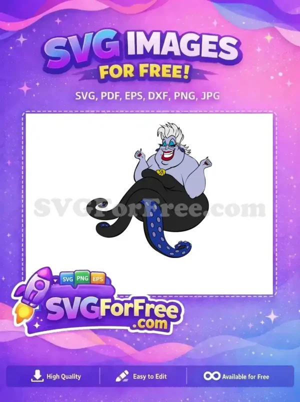 Free Ursula SVG design, showcasing the iconic sea witch in her classic pose, with tentacles and a confident smile, perfect for diverse projects.