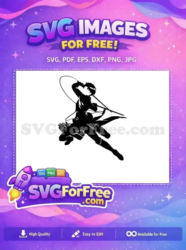 A powerful silhouette of an anime character in an action pose with a sword, a free SVG design for creative crafting.