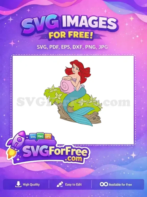 A vibrant free design of a smiling mermaid with red hair and a blue tail, sitting on a mossy rock with flowers.