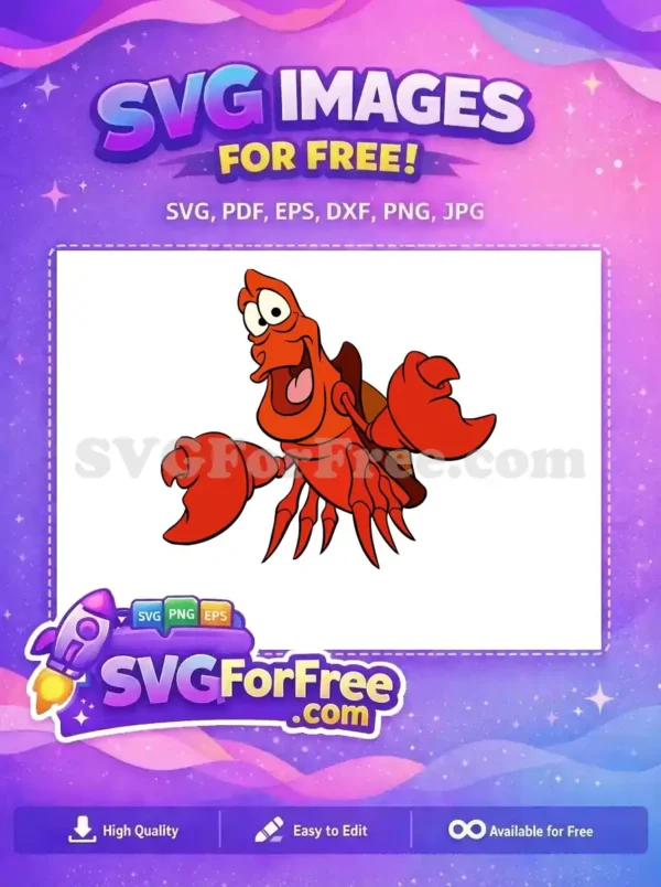 A lively, free Sebastian the crab character from Disney's Little Mermaid, smiling widely. Download this free design now!