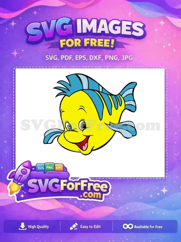 A vibrant free cartoon fish, yellow with blue fins and a cheerful smile, ideal for various creative projects.