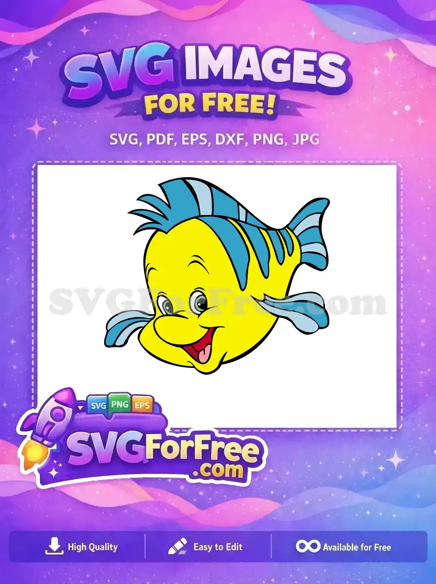 A vibrant free cartoon fish, yellow with blue fins and a cheerful smile, ideal for various creative projects.