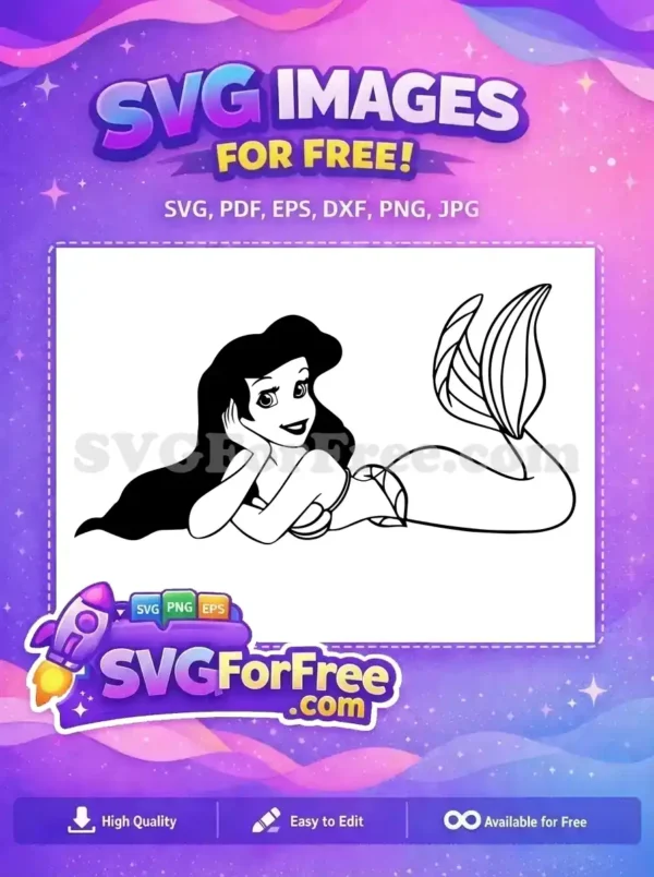 Free enchanting Ariel mermaid outline design, perfect for crafts. This lovely free SVG is ready for cutting.