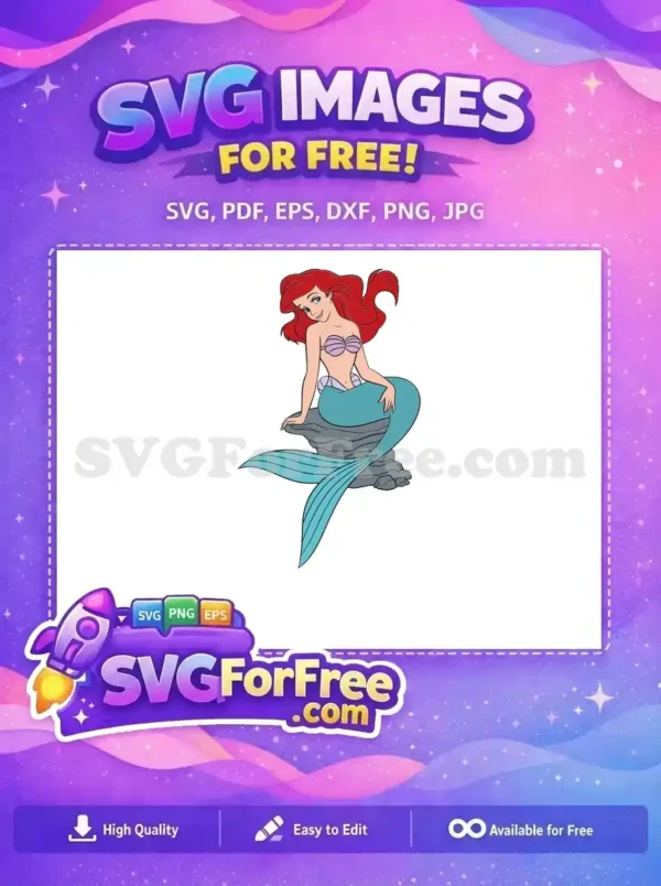 Free Ariel mermaid SVG, sitting gracefully on a rock with vibrant red hair and a teal tail. Download now!