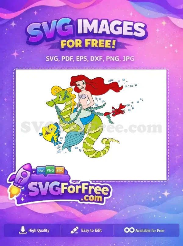Free Ariel & Friends Ocean Adventure SVG Design! Free enchanting Ariel SVG with Flounder, Sebastian, and a festive holly-decorated seahorse. A vibrant, free design for all your creative projects.