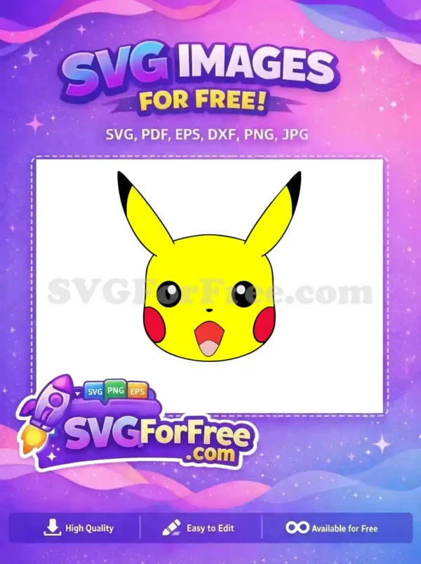 Free Pikachu Face SVG – Iconic Pokémon Design Free Download A free design of Pikachu's friendly yellow face with red cheeks and black-tipped ears, perfect for free crafts.