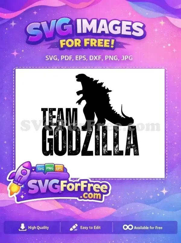 Free design featuring a fierce black Godzilla silhouette standing atop distressed 'TEAM GODZILLA' text on white background.