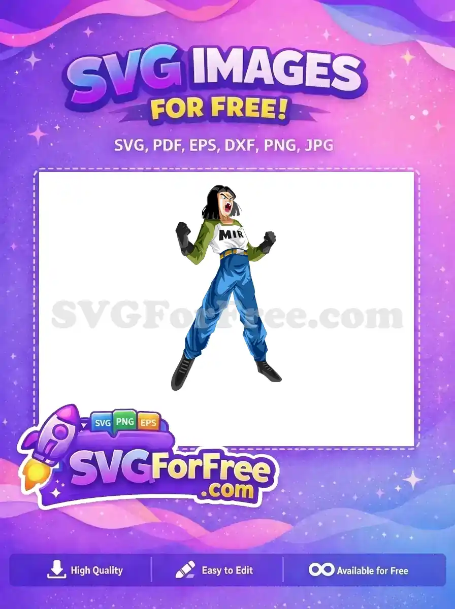 Dynamic free SVG of Android 17 from Dragon Ball, full body, shouting, fists clenched. Download this free vector artwork now!