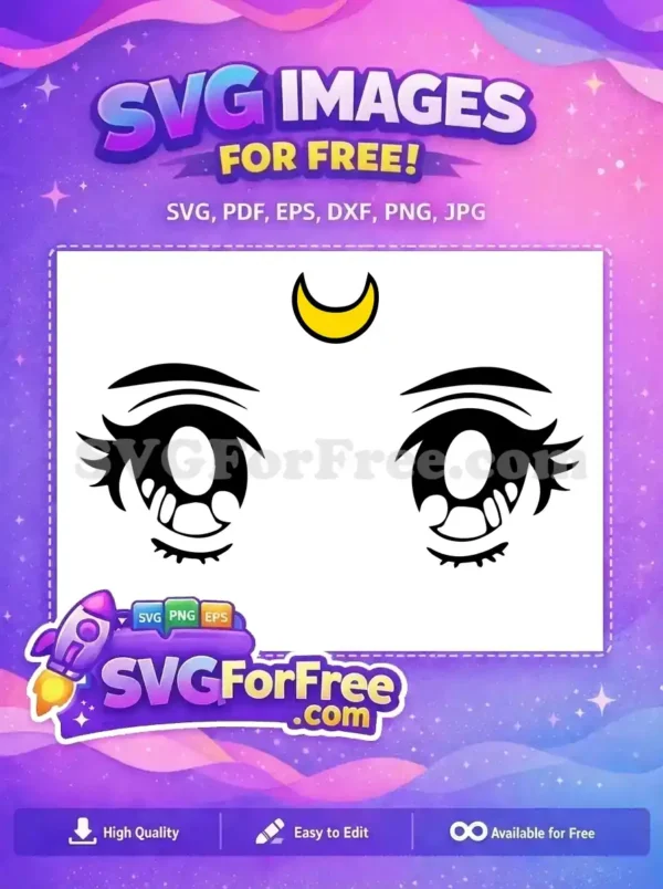 A free design of iconic anime eyes with long lashes and a golden crescent moon, perfect for any fan's project.