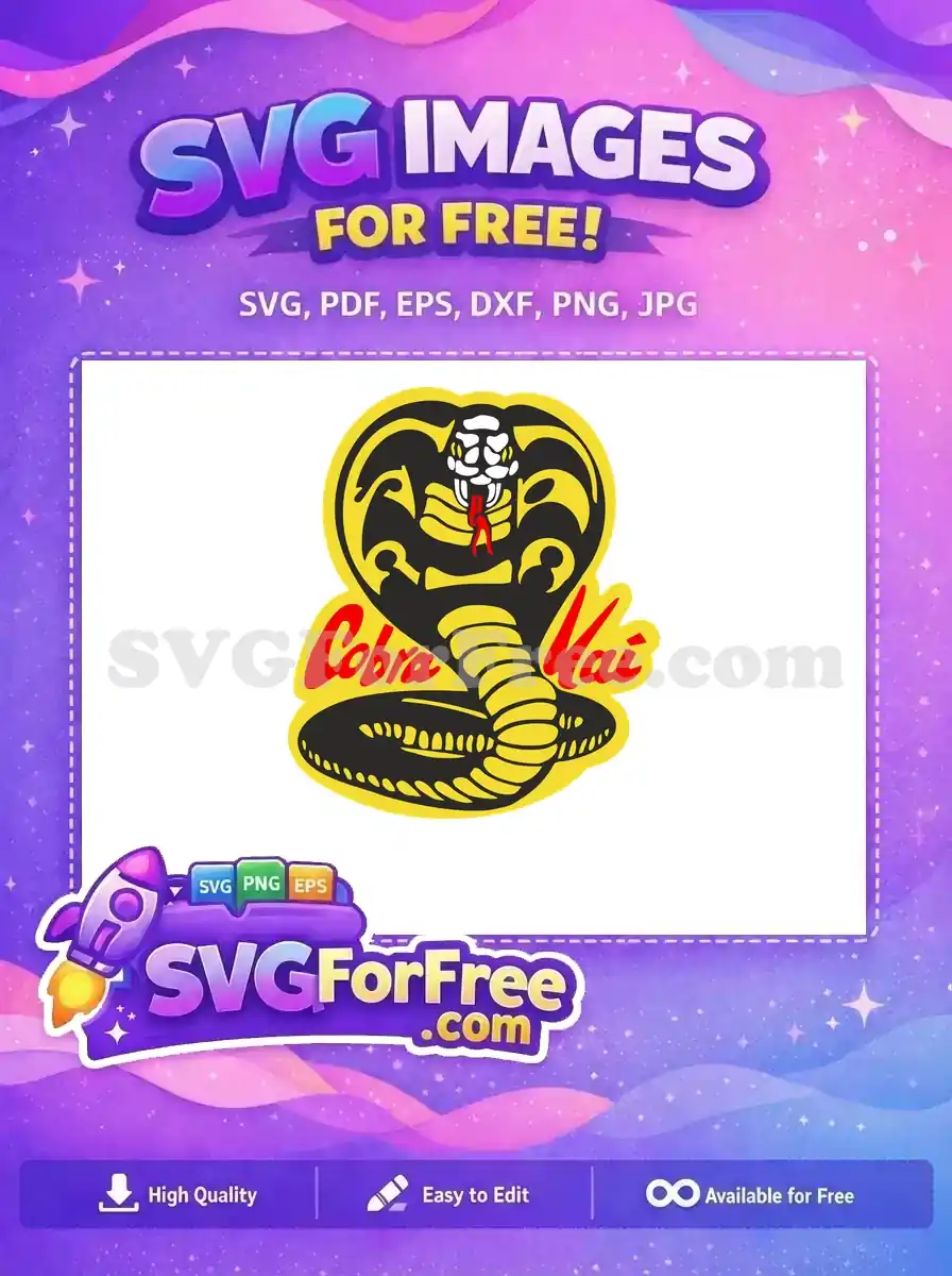 A free Cobra Kai logo SVG design featuring a striking yellow and black cobra with red text, perfect for fans.